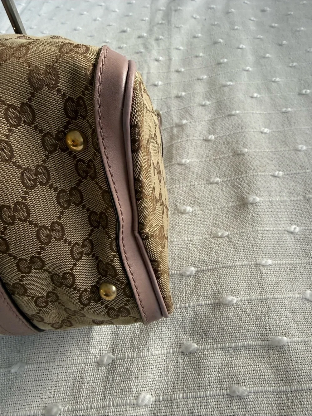 Gucci Beige GG Canvas Satchel with Pink Trim and Blue-Green Stripe